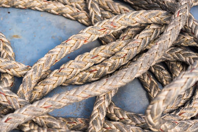 High angle view of rope tied up on wood