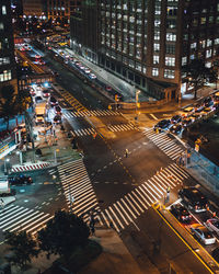 High angle view of traffic in city at night