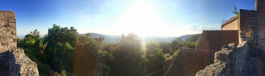 Panoramic view of trees and mountains against sky