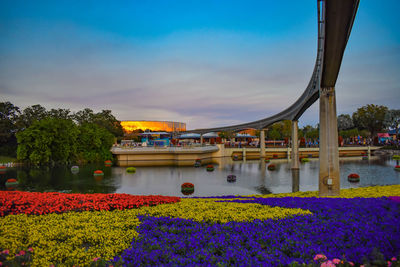 Scenic view of flowering plants by bridge against sky