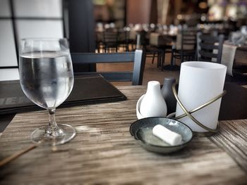 Wineglass on table at restaurant