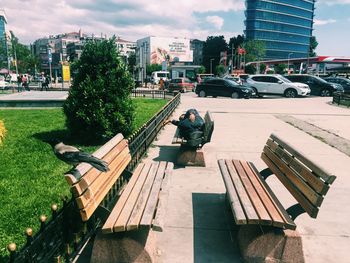 Man sleeping on bench by city street