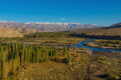 Scenic view of lake by mountain against blue sky