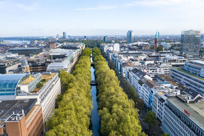 Königsallee in düsseldorf from a bird's eye view, drone photography