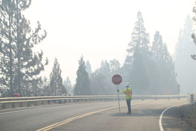 Man on road amidst trees against clear sky