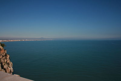 Scenic view of sea against clear blue sky