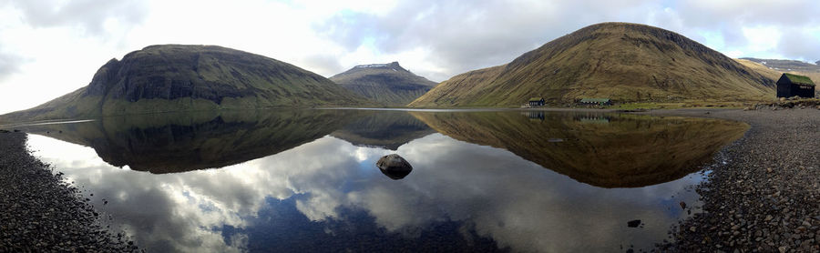 Panoramic view of lake and mountains against sky