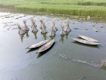 Aerial view of eco friendly jute processing field in natore, bangladesh