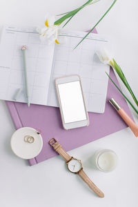 High angle view of paintbrushes on table