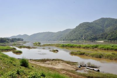 Scenic view of lake against clear sky