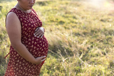 Pregnant woman standing in the meadow warm tones.