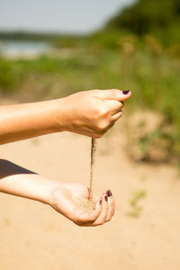 Close-up of person hand holding sand