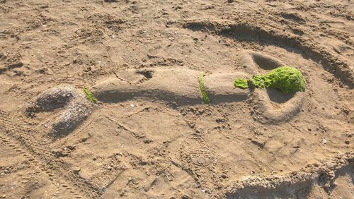 High angle view of footprints on sand