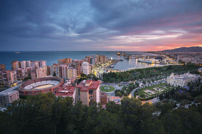 High angle view of townscape against sky during sunset