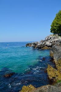 Scenic view of sea against clear blue sky