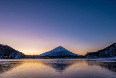 Scenic view of snowcapped mountains against clear sky during sunset