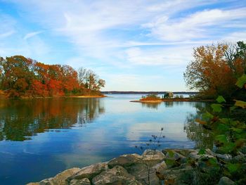 Scenic view of lake against cloudy sky