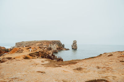 Rock formations on shore against clear sky