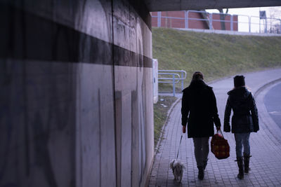 Rear view of people walking on wall in city