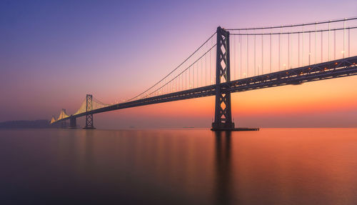 View of suspension bridge at sunset