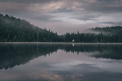 Scenic view of lake against cloudy sky