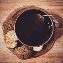 High angle view of coffee cup on table