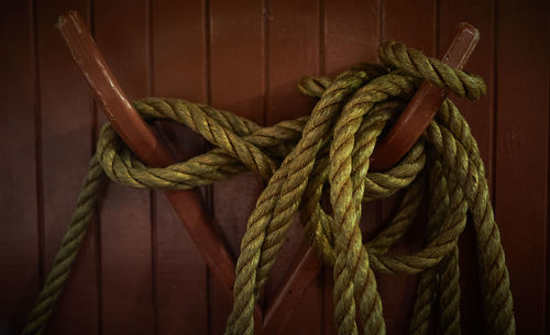 High angle view of rope  on wood