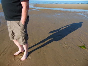 Low section of man standing on beach