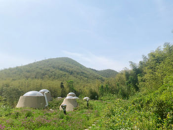 Rear view of people on landscape against sky