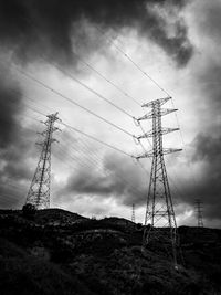 Low angle view of electricity pylon on field against sky