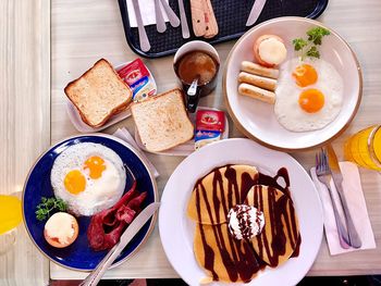 High angle view of breakfast served on table