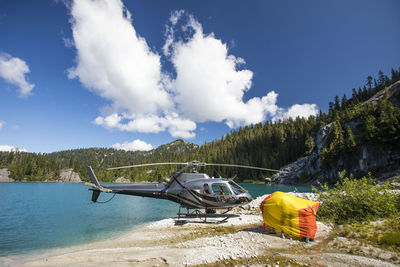 Helicopter patrons test out emergency shelter tent.