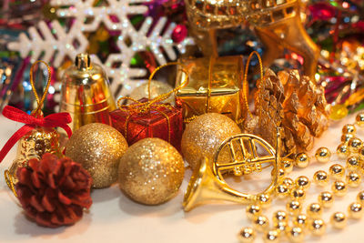 Close-up of christmas decorations on table