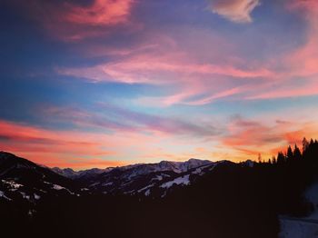 Scenic view of snowcapped mountains against sky during sunset