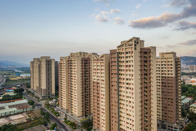 High angle view of buildings against sky