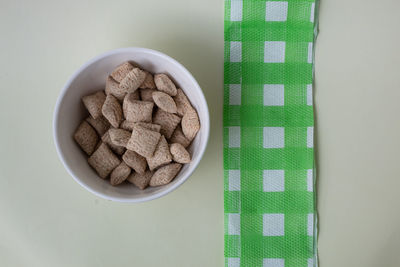 High angle view of cookies in bowl on table