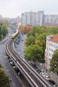 High angle view of road in city against sky