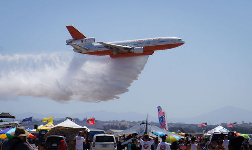 People at airplane against sky