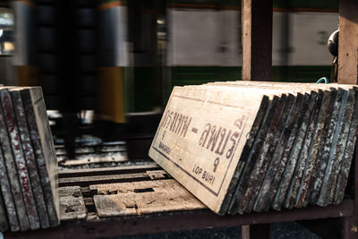 Close-up of cement slabs on wooden table