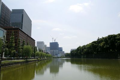 Scenic view of city by trees against sky