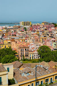 High angle view of townscape against clear sky
