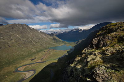 Scenic view of lake and mountains against sky