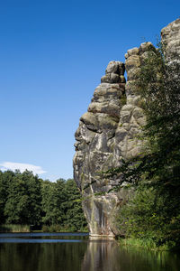 Low angle view of trees on rock against sky