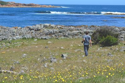 Rear view of men walking on beach