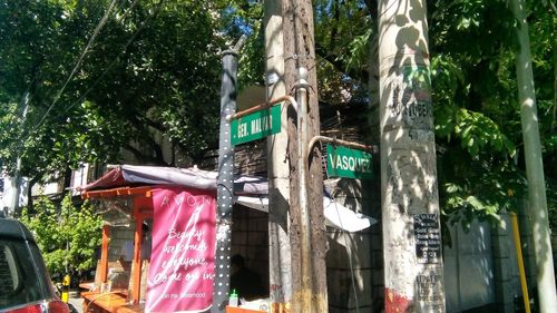 Low angle view of information sign against trees