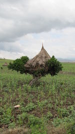 Built structure on field against sky