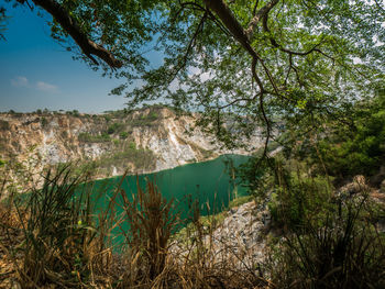 Scenic view of lake amidst trees in forest against sky