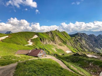 Scenic view of landscape and mountains against sky