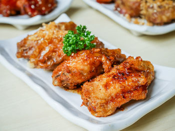 High angle view of food in plate on table