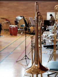 Close-up of trombone on stage